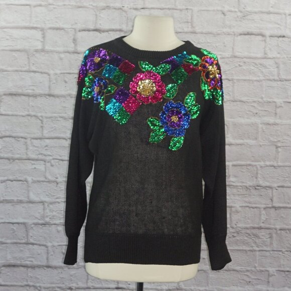 Vintage 80s Sequin Floral Sweater - Picture 1 of 6